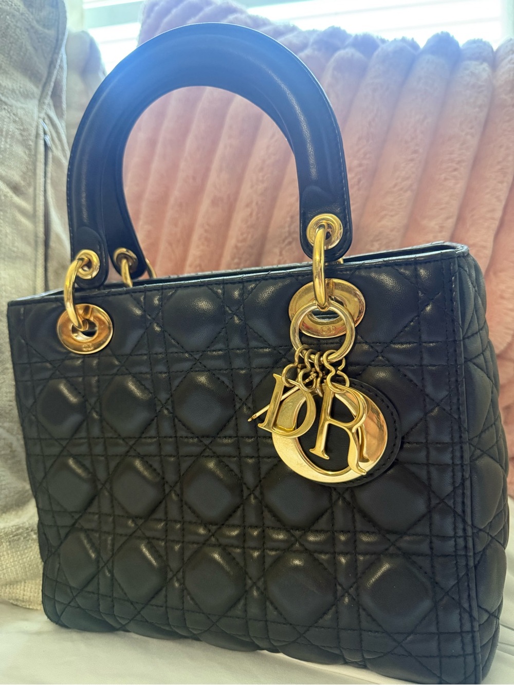 Lady Dior Medium bag in black cannage Lambskin leather.Authentic